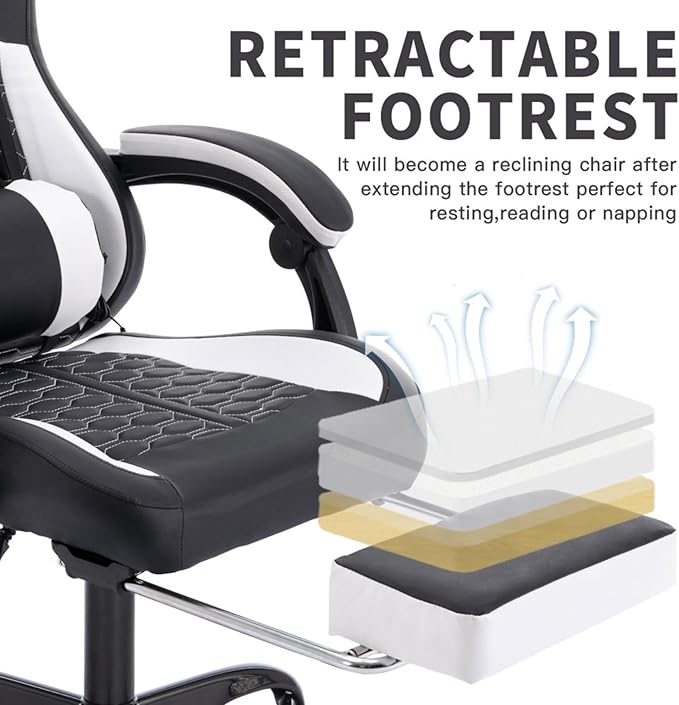 Ergonomic Gaming Chair with Massage and Footrest High Back Leather Computer Chair with Adjustable Headrest Lumbar and Back Support 360° Rotation and 300LBS Capacity (Black+White)