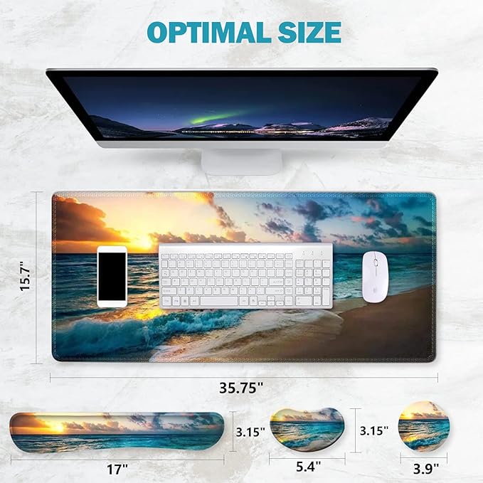 ToLuLu Extended Gaming Mouse Pad Memory Foam Ergonomic Keyboard Mouse Wrist Rest Support Set Large Desk Mat with Stitched Edges Non-Slip Base Mousepad for Home Office Game and Study Sunset