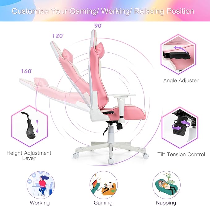 GYMAX Gaming Chair Pink Ergonomic High Back Computer Chair with Headrest &amp Lumbar Support Racing Style Desk Task Rolling Chair for Home Office Gaming Working Studying