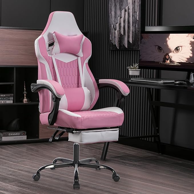 Ergonomic Gaming Chair with Footrest Pink Gaming Chair for Adults Girls Women Video Game Chairs with Wheels &amp Lumbar Support 300 LBS Capacity (Pink)