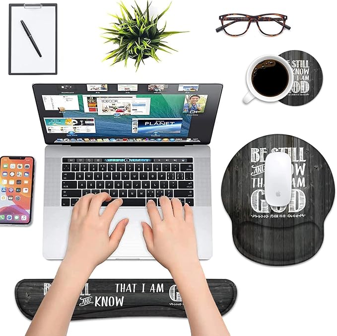 Keyboard Wrist Rest and Mouse Pad Wrist Support Set with Coasters Ergonomic Gaming Mousepad Non-Slip PU Base for Home Office Working Studying Easy Typing &amp Pain Relief - Bible Verse Psalm 46:10