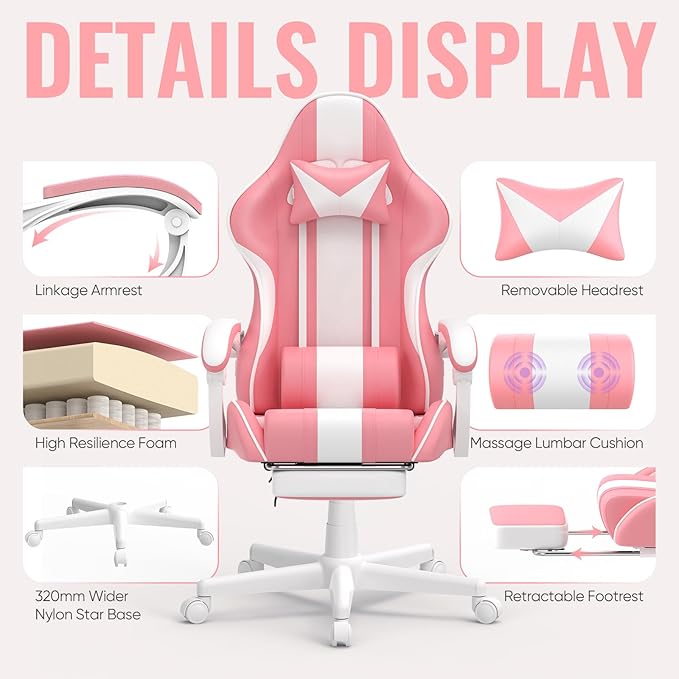 Ferghana Gaming Chairs Ergonomic Racing Style PC Game Computer Chair with Headrest Lumbar Support Adjustable Recliner PU Leather Video Computer Chair(Pink)