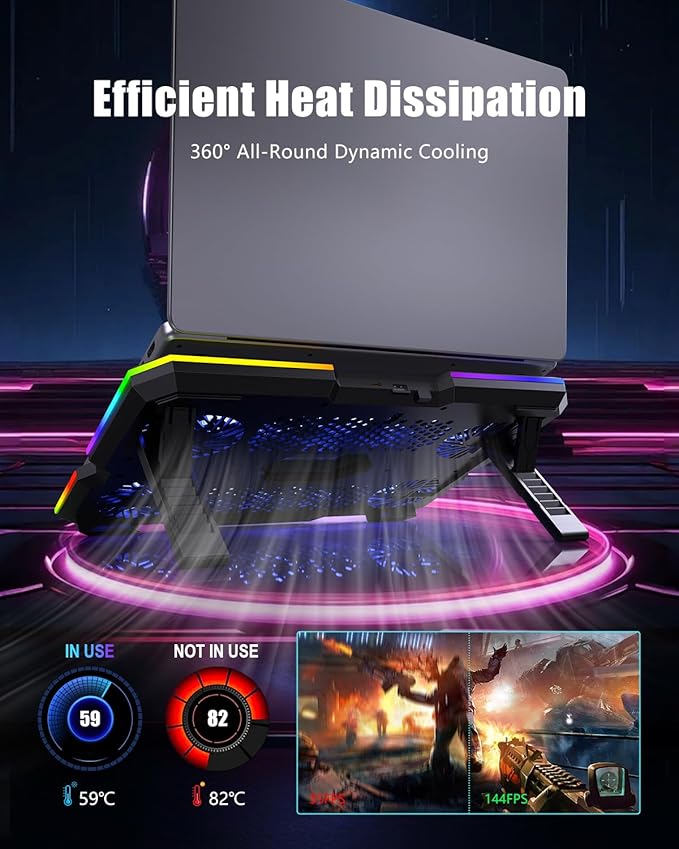 Laptop Cooling Pad Gaming Laptop Cooler with 10 Quiet Fans Height Adjustable Laptop Cooling Stand for 12-18.1 Laptops RGB Lights with Laptop Fan with 2 USB Port and Phone Stand