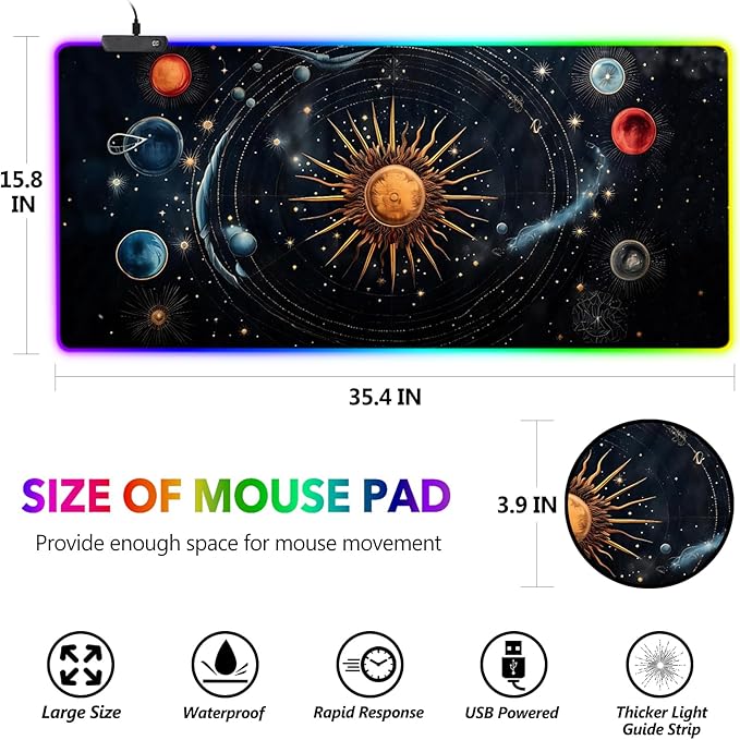 AIMSA RGB Mouse Pad LED Gaming Mouse Pad with 14 Lights Modes Non-Slip Rubber Base Computer Carpet Desk Mat for PC Laptop (35.4 x 15.8 inch) Abstract Solar System