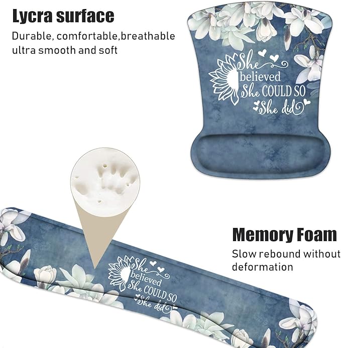 Keyboard Wrist Rest and Mouse Pad Wrist Support Set with Coasters She Believed She Could So She Did Inspirational Quote Wrist Mouse Pad with Non-Slip PU Base for Home Office Working Studying