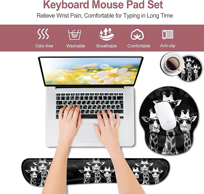 Computer Mouse Desk Pad Mouse Pad Wrist Protector Printed with Cool Giraffes Ergonomically Non-Slip Rubber Comfortable Computer Keyboard Wrist Rest Desktop Decoration Office Accessories