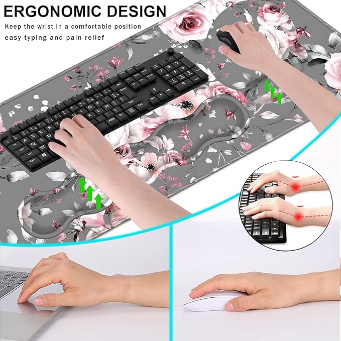 Mouse PadLarge Pink Desk Mat 4in1 XXL Mousepad + Keyboard Wrist Rest+Mouse Wrist Rest+Coaster Set with Ergonomic Desk Pad for Home Office Table Computer-Gray Rose Floral