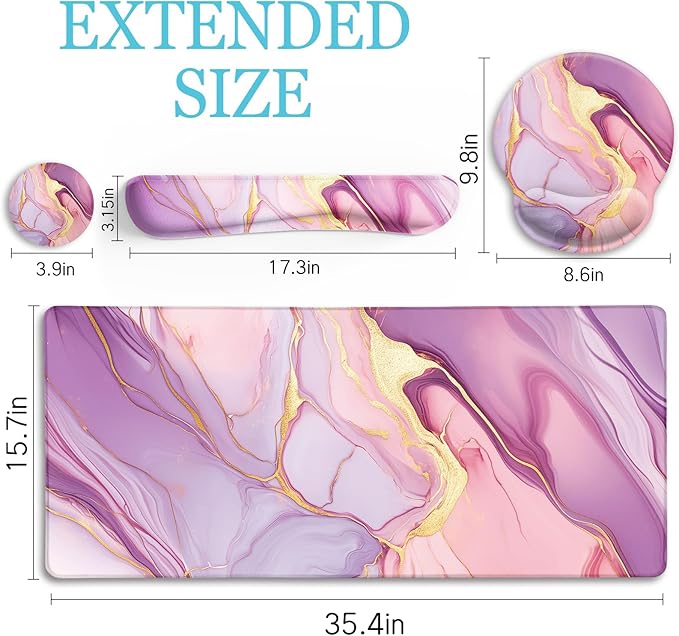 Marble Mouse Pad Set Large Desk Matt for Desktop Ergonomic Mouse Pad with Wrist Rest for Gaming Wrist Support Keyboard Mat Cup Coaster Set Office Desk Decor Accessories