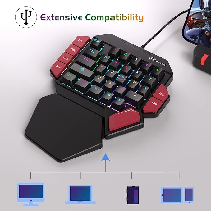 MageGee One Handed Professional Gaming Keyboard RGB Backlit 35 Keys Mini Wired Mechanical Keyboard with Red Switch for PC Gamer Support 6 Macro Keys - Black/Red