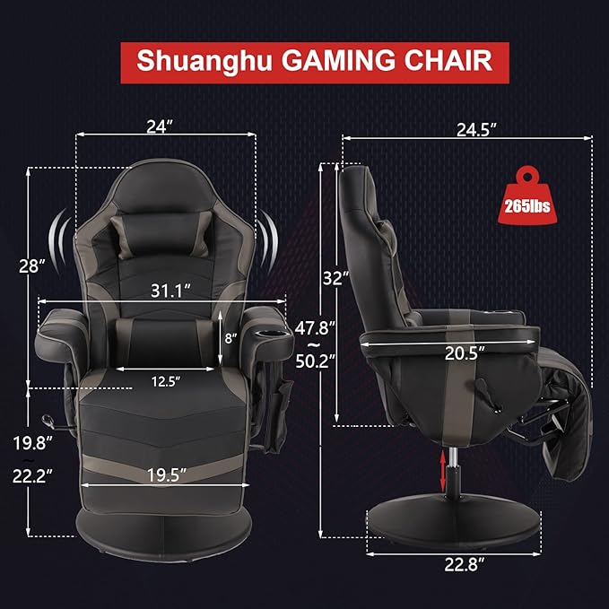 Gaming Chairs for Adults Gaming Chair with Footrest Massage Gaming Chair w/Adjustable Height and Backrest Swivel Video Game Chair with Lumbar Support Side Pouch (Black&amp Grey)