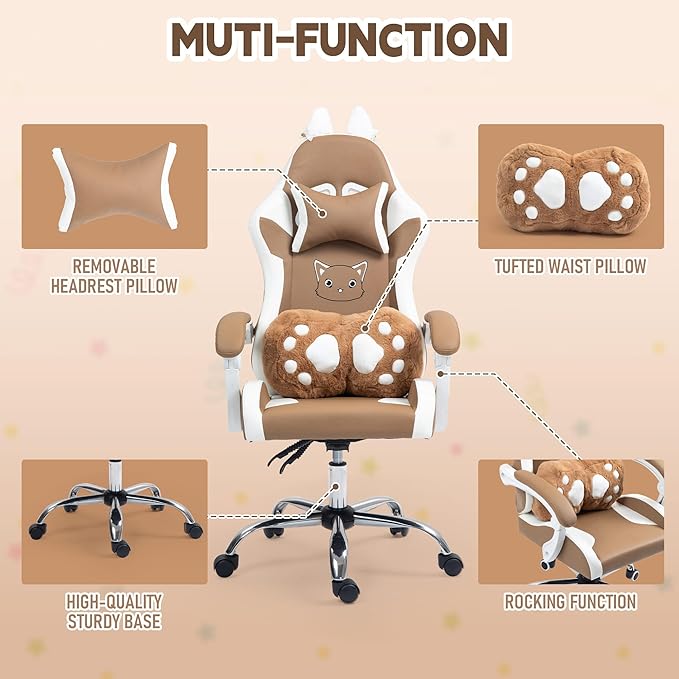 ALEAVIC Gaming Chair with Cat Paw Lumbar Cushion and Cat Ears Reclining PC Game Computer Chairs Ergonomic Gamer Chair for Kids Girls Teens (Brown)