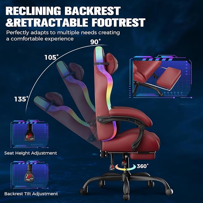 GTPLAYER Gaming Chair Computer Chair with RGB LED Lights High Back Ergonomic Chair for Adults with Footrest Reclining Office Chairs Linkage Armrest Wine Red
