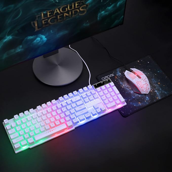 Gaming Keyboard and Mouse Wired CHOCNHOW White Keyboard Rainbow BacklitLight Up Keys Multimedia Keys Waterproof Compatible with PC Laptop Xbox Ps4/Ps5 Work/Gamer