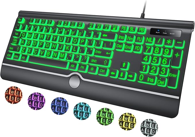 Large Print Backlit Computer Keyboard 7-Color Backlit Keyboard with Wrist Rest USB Plug-and-Play Oversize Letters Keys Easy to See and Type Wired Light Up Keyboards for Laptop PC Gaming