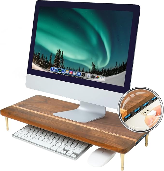Monitor Stand Wood Riser with 4 USB Ports Computer Monitor Stand with America Walnut Data Transfer Charging Hub -Compatible with Computer Mac PCs Smartphone 20.5*8.3in