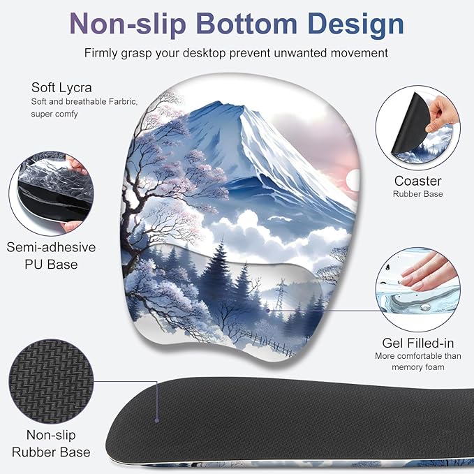 4 in 1 Large Mouse Pad Keyboard Wrist Rest Set Ergonomic Mouse Pad with Wrist Support Desk Mat with Stitched Edges Extended Desk Pad Waterproof Desk Mat for Home Office Game I Snowy Mountain Sun