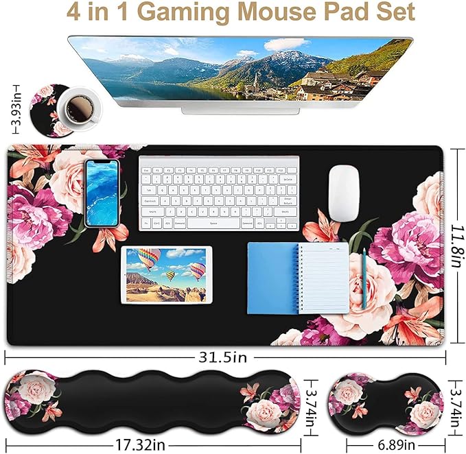 Black Mouse PadKeyboard Mouse Pad SetExtended Gaming Mouse Pad + Memory Foam Keyboard Wrist Rest SupportPeony Flower Office Desk Mat Writing Pad Easy Typing Pain ReliefXXL Large Mousepad Desk Mat