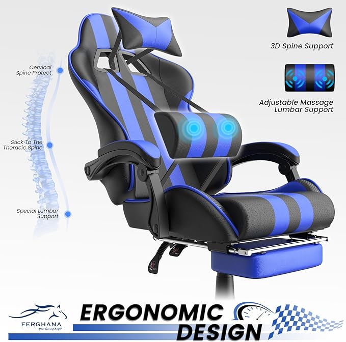 Ferghana Blue Gaming Chairs with Footrest PC Gaming Chairs for Adults Teens Racing Style Luxurious Comfort Waterproof PU Leather