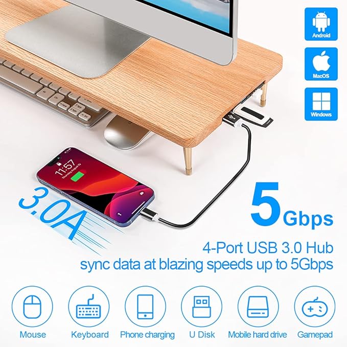 Wood Riser Monitor Stand with USB Ports Computer Stand w/Slot for Tablet &amp Cellphone Computer Riser w/Big Storage Dual Monitor Riser for PC Computer Laptop Printer