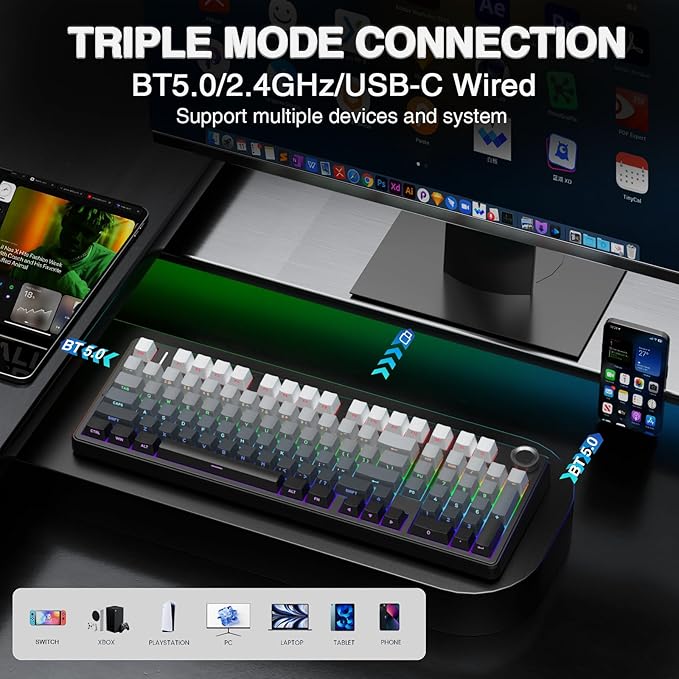 Aula F99 Pro Wireless Mechanical Keyboard with KnobTri-Mode BT5.0/USB-C/2.4GHz Hot Swappable KeyboardRGB Backlit PBT Keycaps Computer Gaming Keyboards (Renewed)