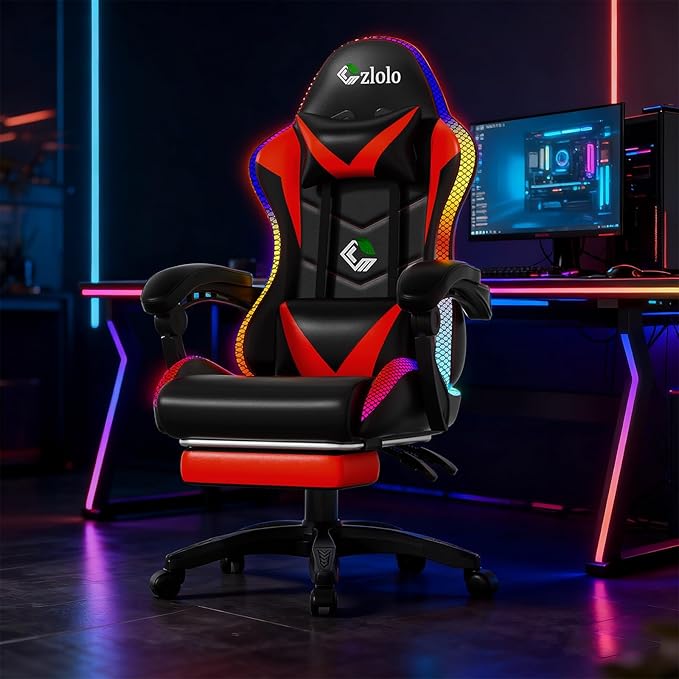 Gaming Chair Racing Style RGB LED Lights Gaming Chairs for Adults and Kids Lumbar Massager Gamer Chair High Back Reclining Computer Chair with Footrest and Headrest (Black/Red)