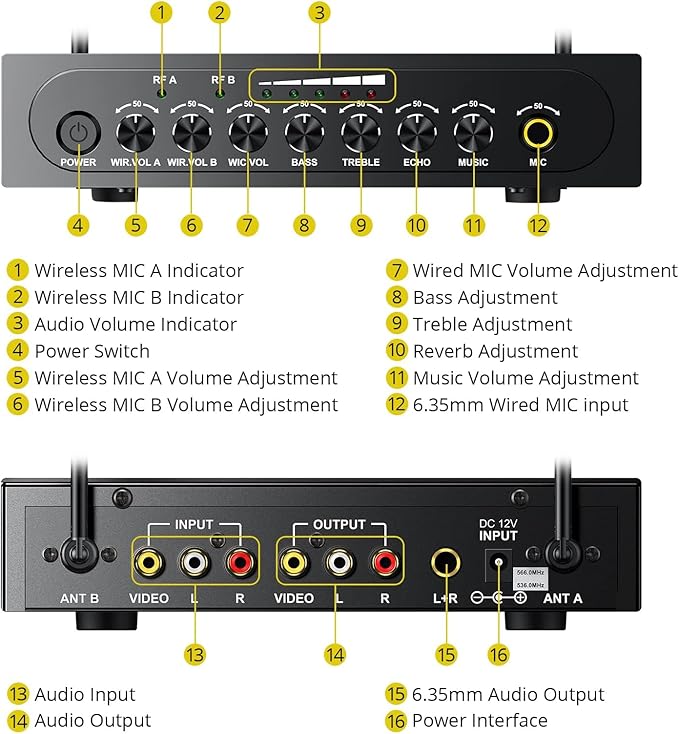 PROZOR UHF Wireless Microphone with Volume Treble Bass Echo Control Wireless Rechargeable Mic Dual Handheld Dynamic Mic System (Bluetooth UHF Base Station – Echo/Treble/Bass Control)
