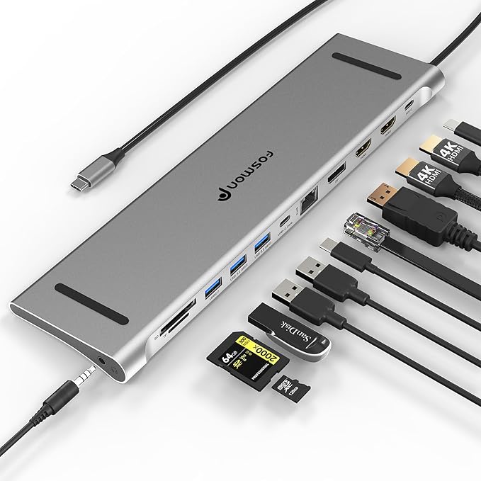 Fosmon 11-in-1 USB-C Hub Multiport Adapter with 4K Dual HDMI DisplayPort USB-C USB 3.0 USB 2.0 TF RJ45 Ethernet for Laptops Tablets