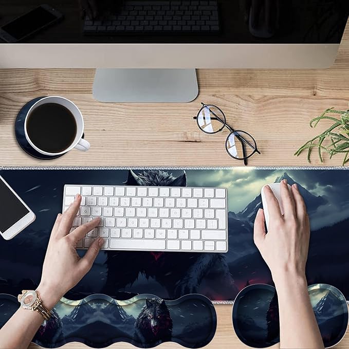 Gaming Mouse Pad Set Large Gaming Mouse Pad+Keyboard Wrist Rest+Mouse Wrist Rest+Coaster Easy Typing Pain Relief 31.5 × 11.8 inch Desk Mat for Home Office - Wolf Night