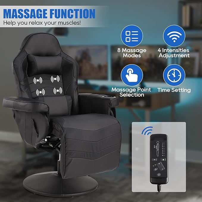 Gaming Chairs for Adults Reclining Gaming Chair with Footrest Massage Video Gaming Recliner Chair w/Adjustable Height Swivel Game Chair with Lumbar Support Side Pouch