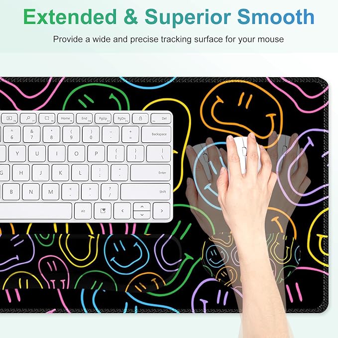 Large Gaming Mouse Pad Set 4 in 1 Extended Keyboard Desk Mat with Wrist Rest Computer Game Mousepad Non-Slip Desk Pad Protector Easy Typing Pain Relief for Home Office I Black Retro Hippie