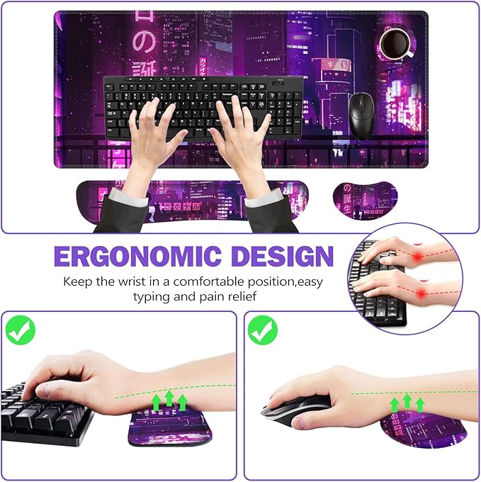ToLuLu Extended Gaming Mouse Pad Memory Foam Ergonomic Keyboard Mouse Wrist Rest Support Set Large Desk Mat with Stitched Edges Non-Slip Base Mousepad for Home Office Neno City Anime Japanese