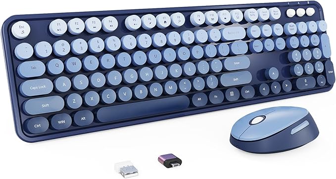 Wireless Keyboard and Mouse Combo Retro Typewriter Keyboard with Round Keycaps Full-Size Ergonomic Blue Ideal for Windows PC Home Office and College Wireless Keyboard Mouse Combo