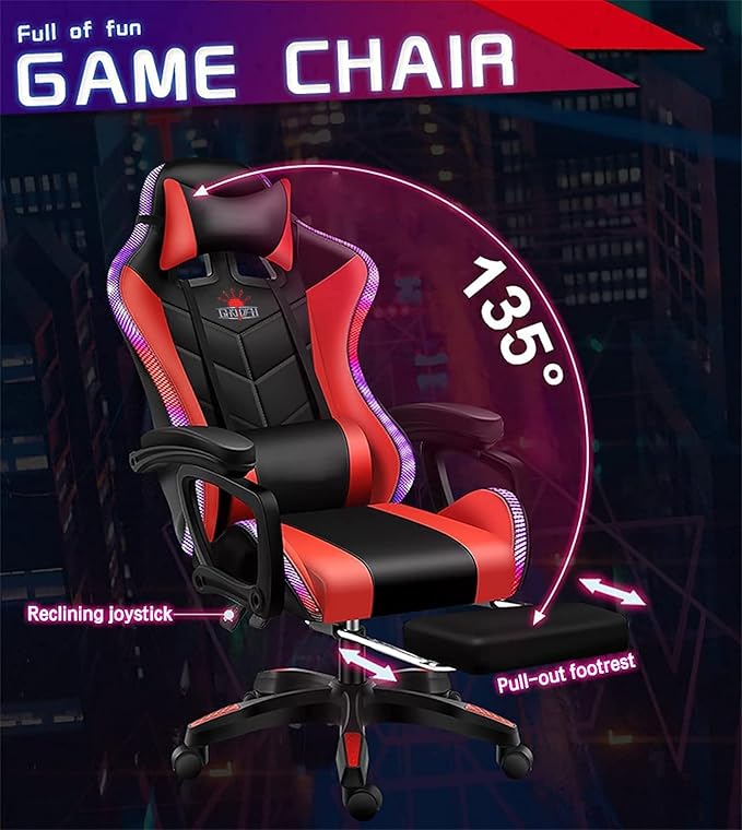 Massage Gaming Chair Racing Computer Desk Office Chairwith speakers and LED Linghts with Headrest Lumbar Support footrest and Adjustable Armrests360° Swivel 135° Reclining  300LB Metal BaseWhite