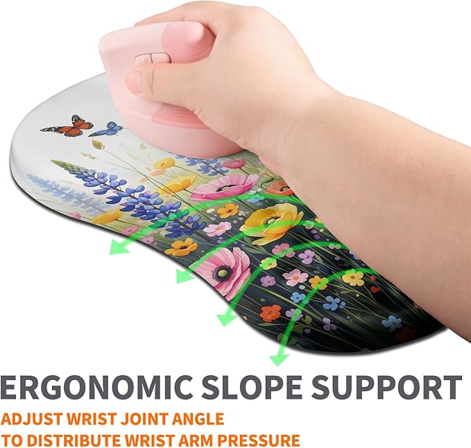 Ergonomic Joint Wrist Support Mouse Pad with Memory Foam Cushion Massage Bump Carpal Tunnel Pain Relief Mousepad Slope Design for Wrist Rest 11.8x7.9 in Wild Flower