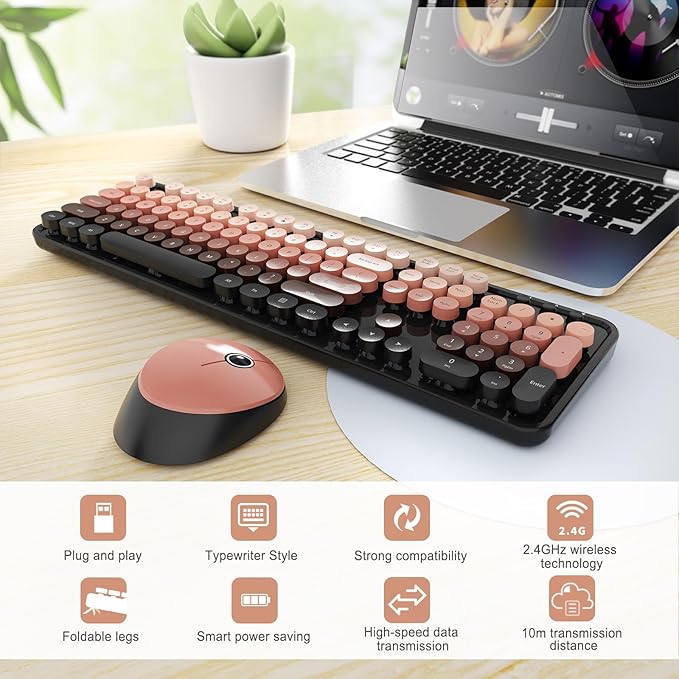 Wireless Keyboard and Mouse Combo Ergonomic Full Size Typewriter Retro Round Keycaps Keyboard Compatible with Windows PC Perfer for Home and Office Keyboards (Aurora Red)