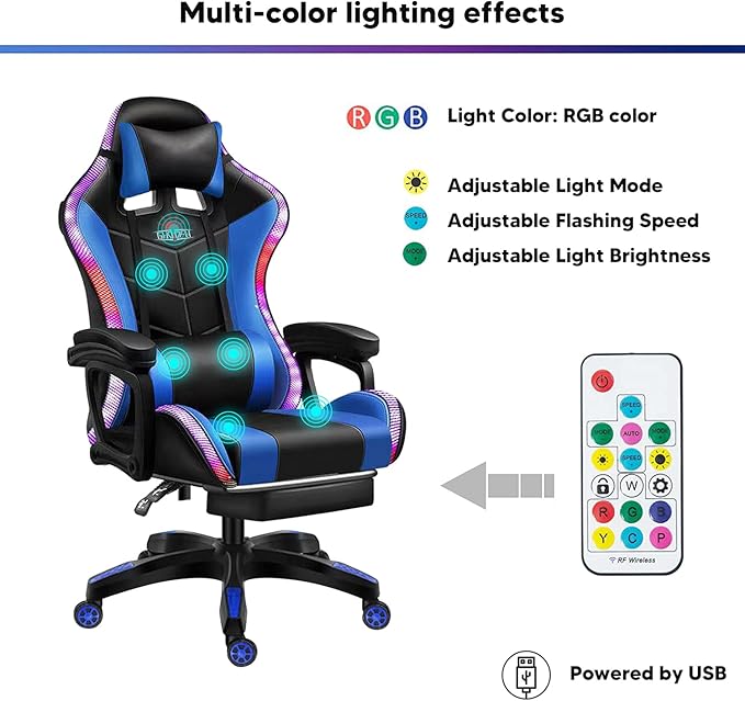 XOOFMASS Gaming Chair with Speakers Ergonomic Massage Gaming Chair with Massage Function Video Game Chairs with LED Light Swivel Racing Computer Chair 90°-135° Adjustment of BackrestWhite