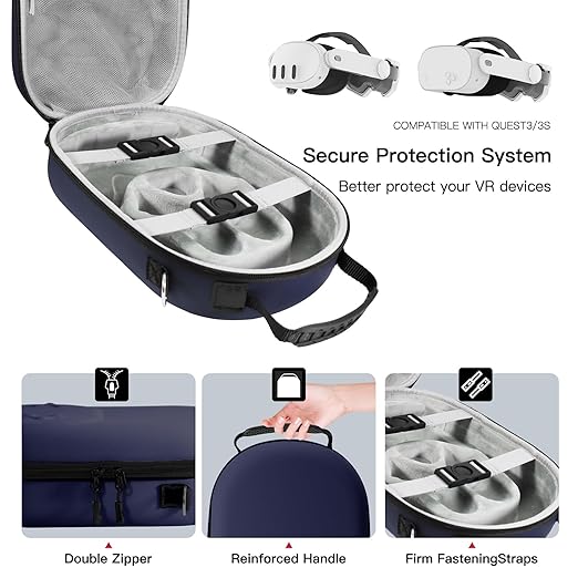 bibuks Hard Carrying Case Compatible with Oculus Meta Quest 3/3SVR Headset Elite Strap and Touch Controller Accessories Carry CaseHard Shell Travel Storage Bag (Blue)