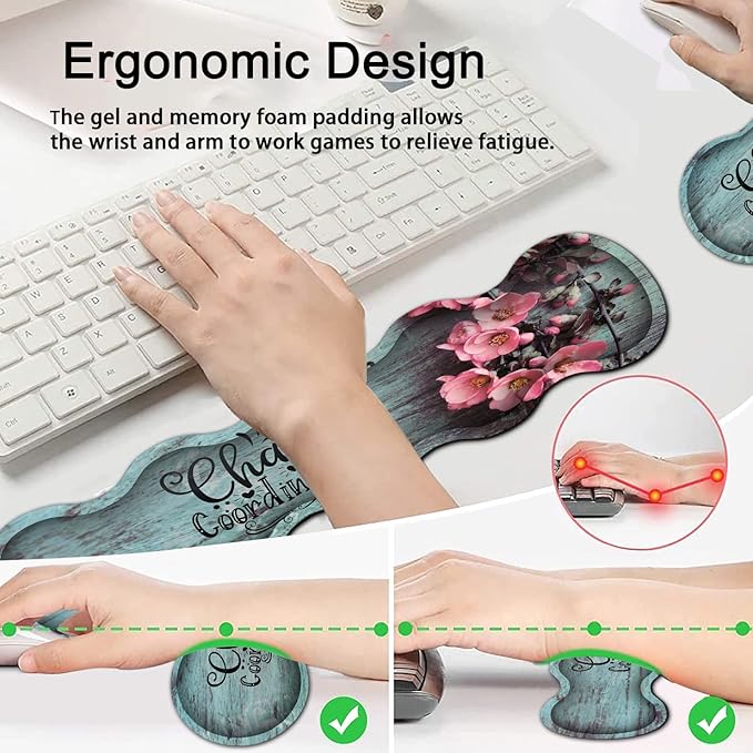 Ergonomics Keyboard Mouse Pad Set Memory Foam Keyboard Wrist Rest SupportXXL Extended Big Wireless Gaming Mouse Mat 31.5x11.8 in Desk Pad Pink Peach Blossom Pattern Large Mouse Pad