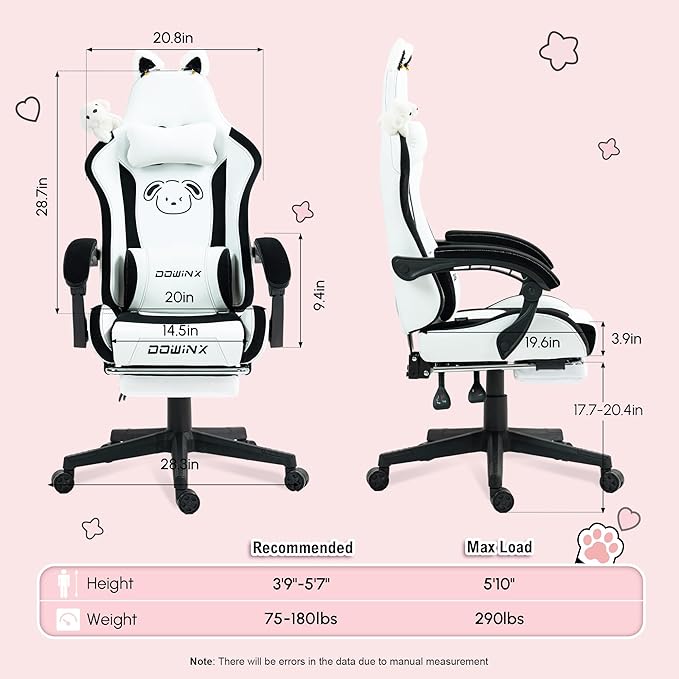 Dowinx Gaming Chair Cute with Plush Doggy and Massage Lumbar Support Ergonomic Computer Chair for Girl with Footrest and Headrest Comfortable Game Chair 290lbs for Adult Teen Black and White