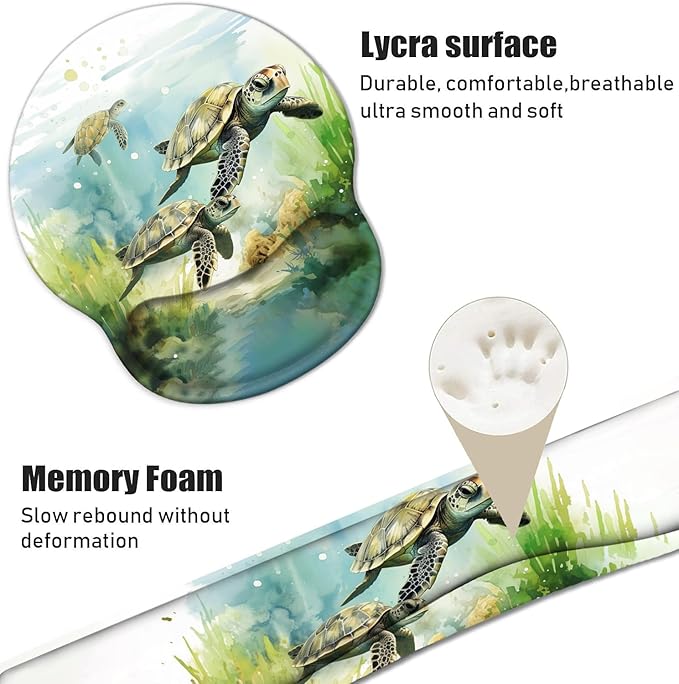 Keyboard Wrist Rest and Mouse Pad Wrist Support Set with Coasters Non-Slip PU Base Ergonomic Gaming Mousepad for Home Office Working Studying Easy Typing &amp Pain Relief - Sea Turtle