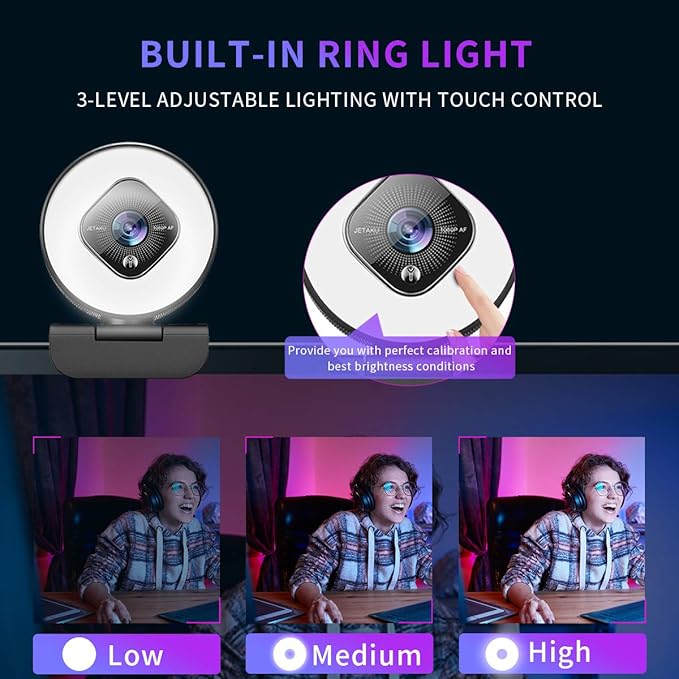 1080P Webcam for PC with Ring Light and Dual Microphone Auto-Focus Webcam for Streaming Adjustable Brightness Web Cam USB Webcam for Zoom Skype| YouTube | PC | Mac| Laptop Desktop
