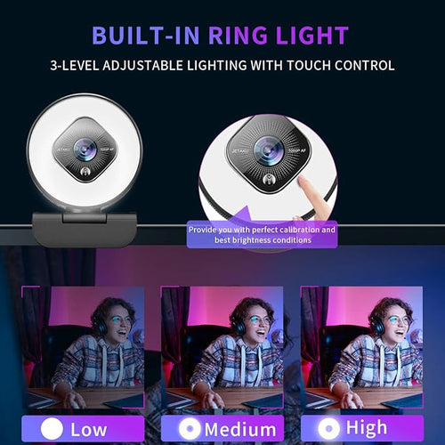 1080P Webcam for PC with Ring Light and Dual Microphone Auto-Focus Webcam for Streaming Adjustable Brightness Web Cam USB Webcam for Zoom Skype| YouTube | PC | Mac| Laptop Desktop