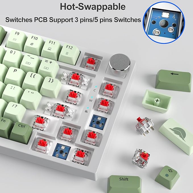 Fogruaden 75% Mechanical Gaming Keyboard - 75 Percent Matcha Hot Swappable Gasket Mount Red Switch RGB Backlit 82 Keys TKL Mechanical Keyboard with Knob