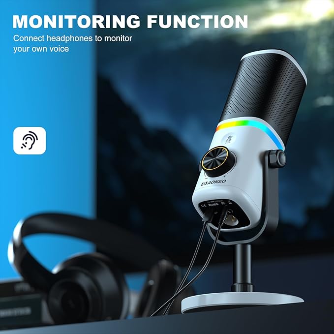 Aokeo Microphone for PC AK-10 USB/XLR Dynamic Desktop Microphone for GamingPodcastStreaming with RGB LightVolume ControlMute ButtonNoise Reduction(White)