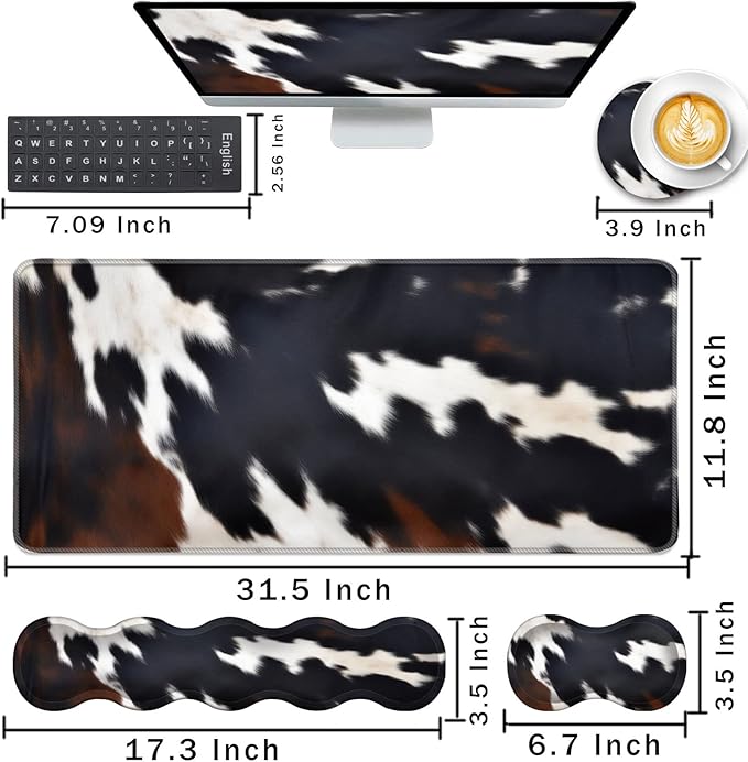 Keyboard Wrist Rest and Mouse Pad with Wrist Support Set Ergonomic CoasterMemory FoamEasy Typing Pain ReliefLarge XL Desk Mat 31.5x 11.8Cute Cowhide Brown Black Cow