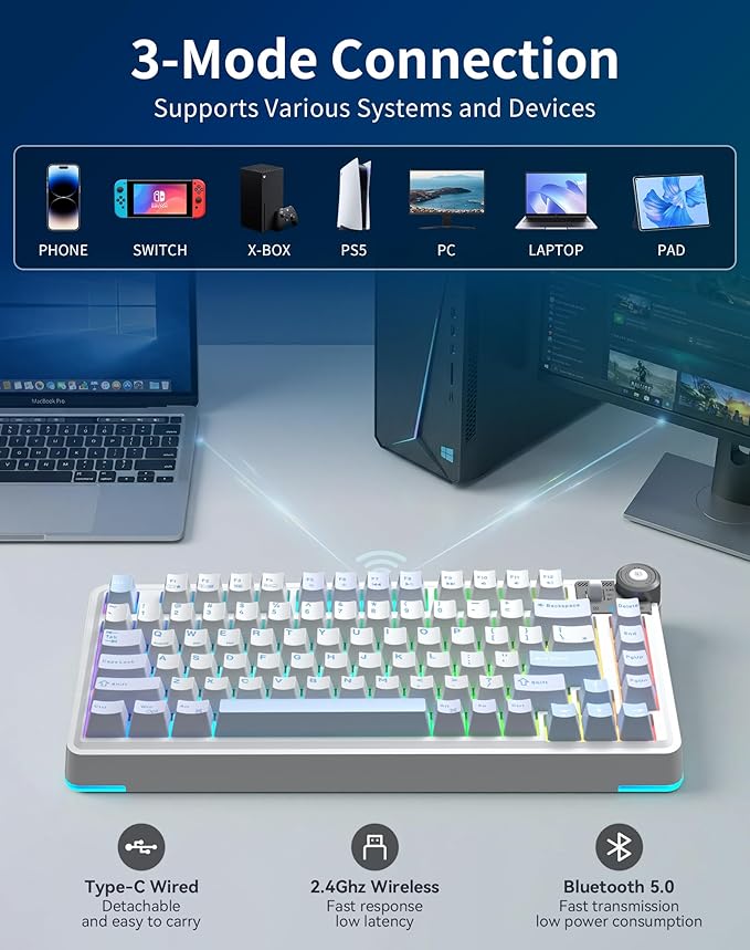 Aula AU75 Wireless Mechanical Keyboard Hot Swap Gasket Gaming Keyboard with Knob BT/2.4G/Wired Custom Keyboard 4000mAh Battery 75% Five-Layer Padding PBT Keycaps RGB Side-Strip for Win/Mac/PC