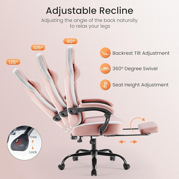 Sweetcrispy Video Gaming Chair - Ergonomic Desk Chair with Footrest and Lumbar Support Height Adjustable High Back Task Chair with Linkage Armrests and Headrest 360° Wheels Pink
