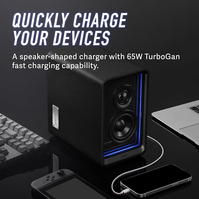 Edifier QR65 Active Monitor Speakers with 65W GaN Fast Charger Function 70W RMS Bluetooth Computer Speaker with Hi-Res 24bit Wireless Audio Subwoofer Out and Light Effects (Black)