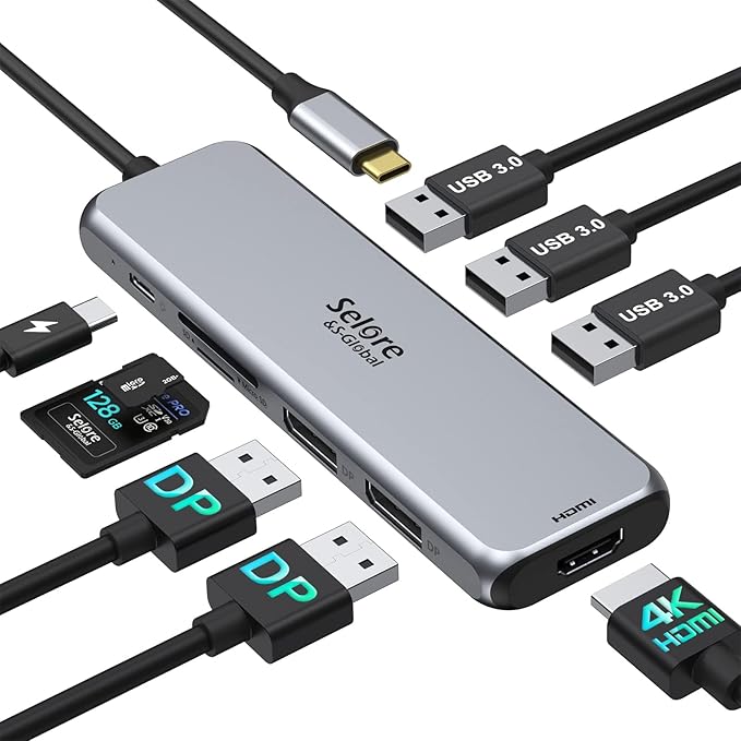 Docking Station Dual DisplayPort Selore USB c hub with 2 displayport HDMI 3*USB 3.0100W PDSD &amp TF Slot 9 in 1 2 dp Multiport Adapter for MacBook/Dell XPS/HP/Lenovo/Microsoft Surface