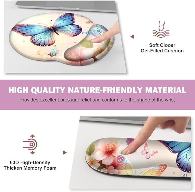 Gaming Mouse Pad Large Desk Mat Cute Desk Pad Protector 4in1 XXL Mousepad + Keyboard Wrist Rest+Mouse Wrist Rest+Coaster Set with Ergonomic Desk Pad for Home Office PC Computer Butterflies Flowers